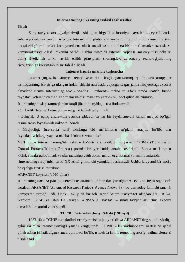 Internet tarmog‘i va uning tashkil etilishi. 2