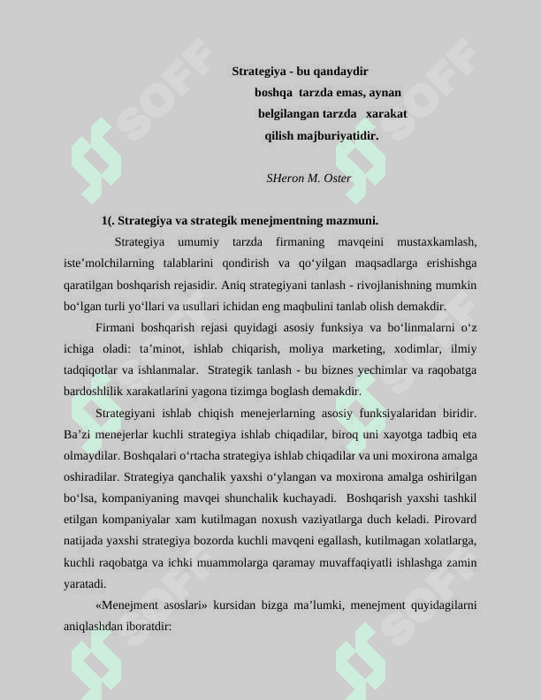 Strategik boshqarish jarayoni mavzusida tayyorlangan mustaqil ish 2