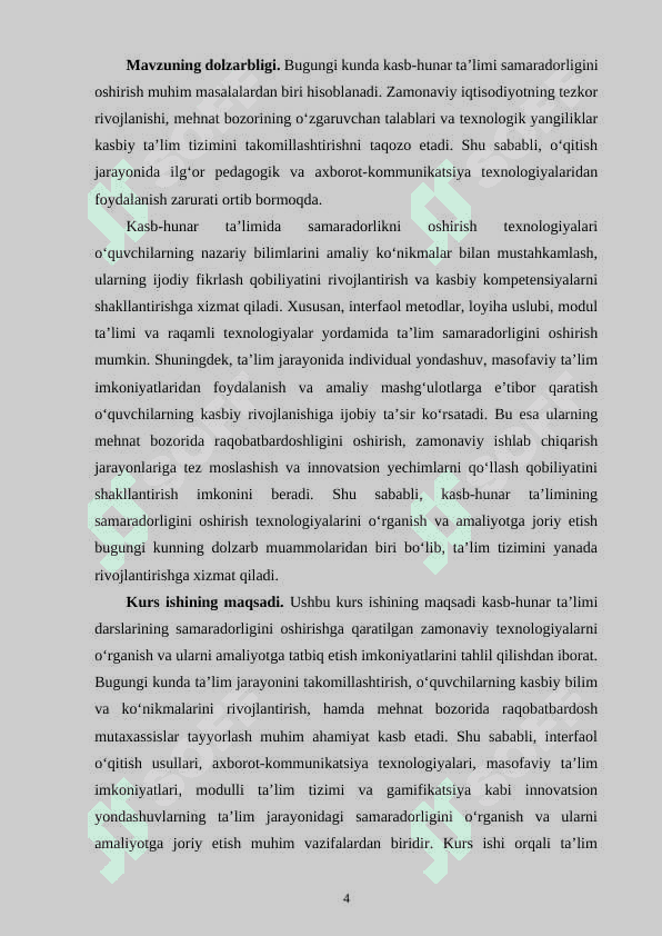 KASB-XUNAR TA'LIMI DARSLARINI SAMARDORLIGINI OSHIRISH TEXNALOGIYASI 4