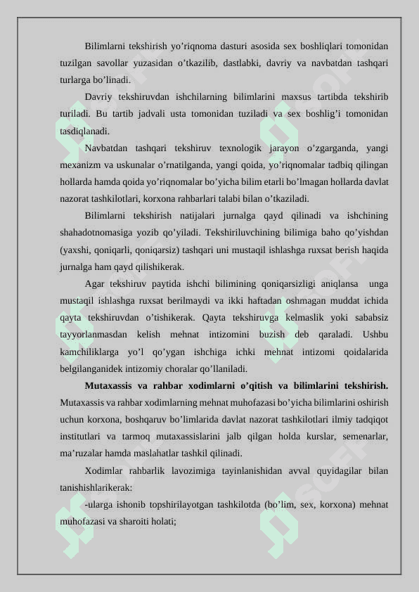 Mehnat muhofazasi bo'yicha o'qishlarni tashkil qilish va bilimlarni sinflash to'g'risida namunaviy nizom 7