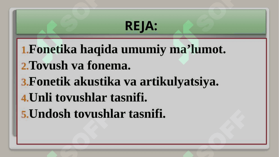 Fonetika. Nutq a’zolari, apparati. Artikulyatsiya. Tilning fonetik vositalari. Unli tovushlar, ularning tasnifi. Undosh tovushlar, ularning tasnifi. 2