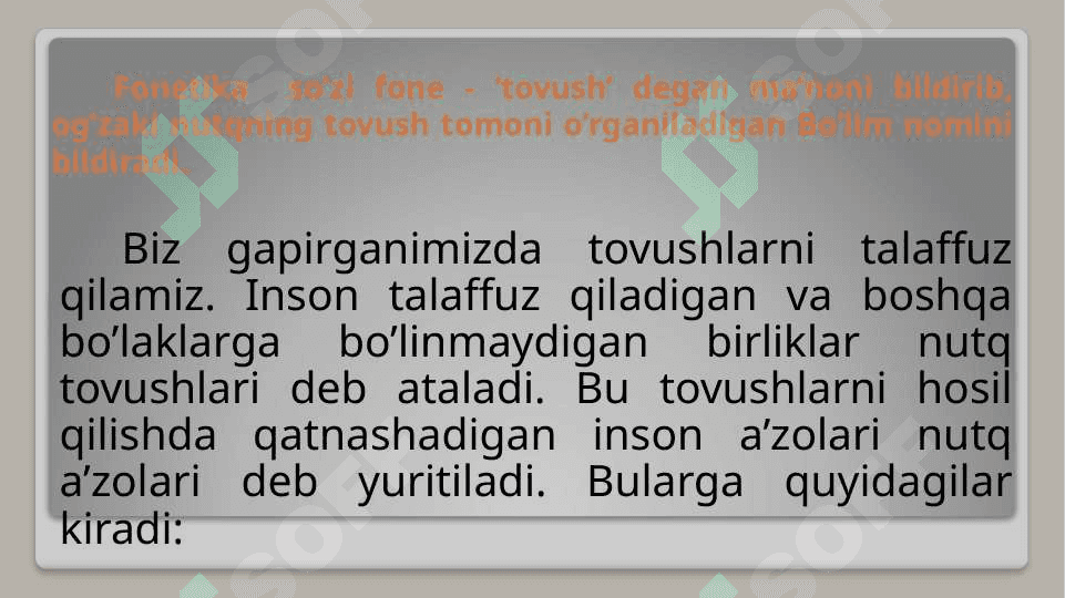 Fonetika. Nutq a’zolari, apparati. Artikulyatsiya. Tilning fonetik vositalari. Unli tovushlar, ularning tasnifi. Undosh tovushlar, ularning tasnifi. 3