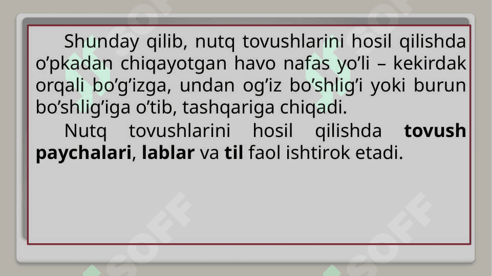 Fonetika. Nutq a’zolari, apparati. Artikulyatsiya. Tilning fonetik vositalari. Unli tovushlar, ularning tasnifi. Undosh tovushlar, ularning tasnifi. 6