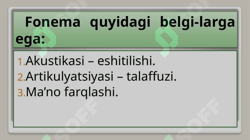 Fonetika. Nutq a’zolari, apparati. Artikulyatsiya. Tilning fonetik vositalari. Unli tovushlar, ularning tasnifi. Undosh tovushlar, ularning tasnifi. 8