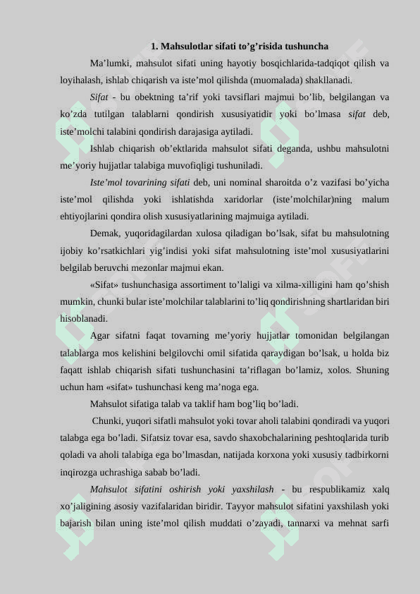 Sertifikatlangan mahsulotlar sifatini ta’minlash va boshqarish mavzusida sifatli kurs ishi 2