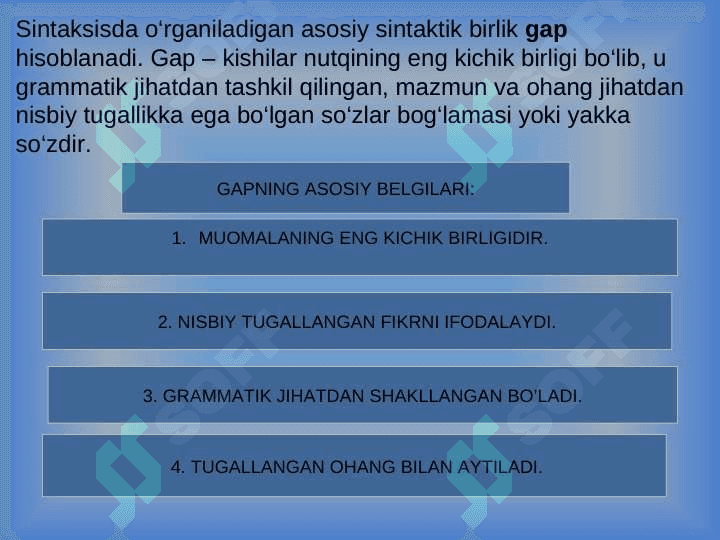 Bosh bo‘laklar. Ega, uning ifodalanishi. Kеsim, uning ifodalanishi, turlari. Bog`lama. 3