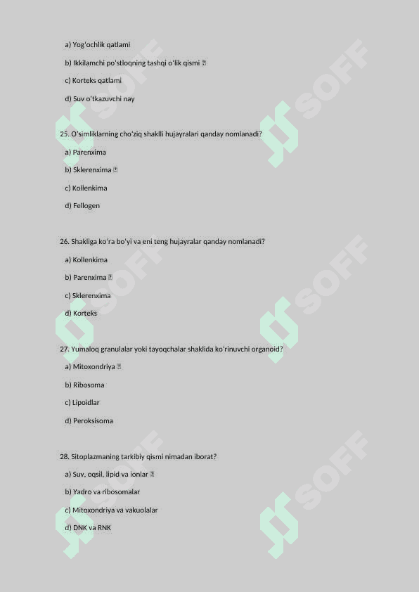 botanika va o'simliklar fiziologiyasi fanidan yakuniy testlar 200 talik baza javoblari bilan. 6