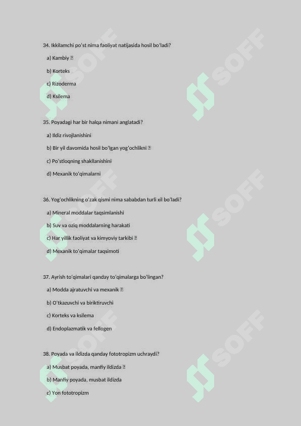 botanika va o'simliklar fiziologiyasi fanidan yakuniy testlar 200 talik baza javoblari bilan. 8
