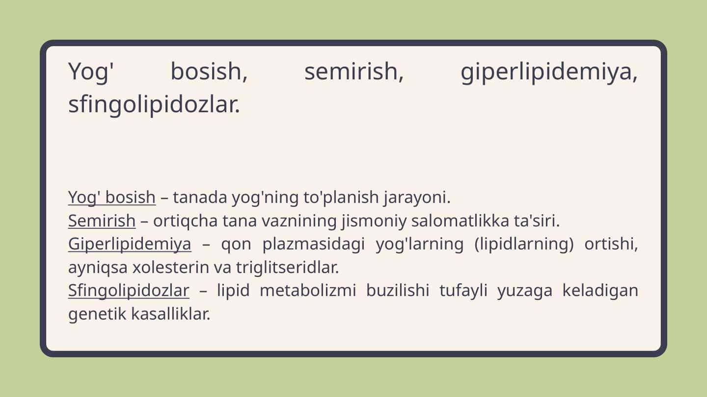Yog' bosish, semirish, giperlipidemiya, sfingolipidozlar