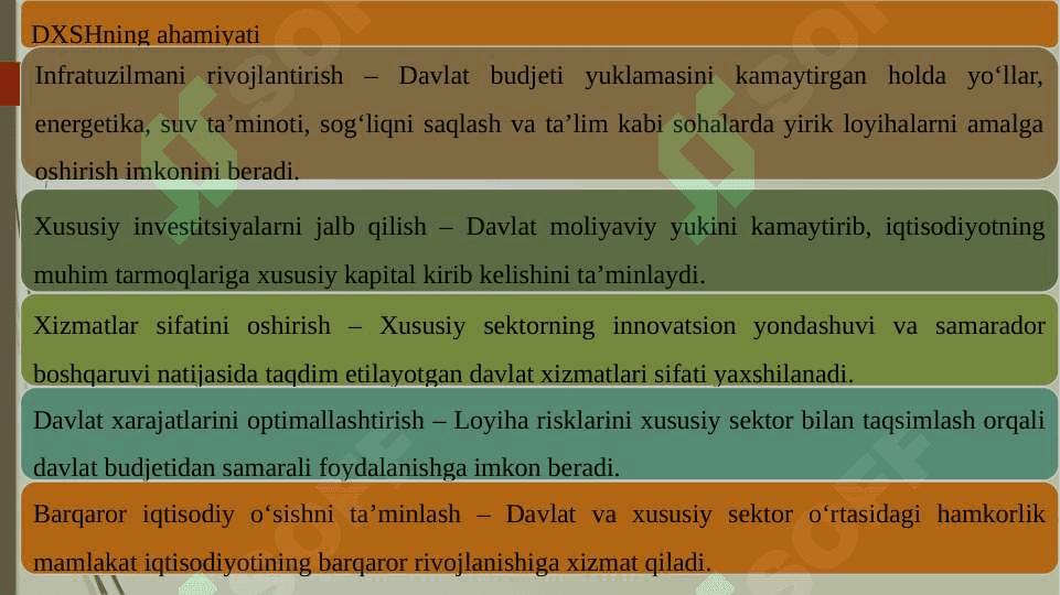 Davlat xususiy sheriklik loyihalaridan ko'zlangan maqsadlar 4