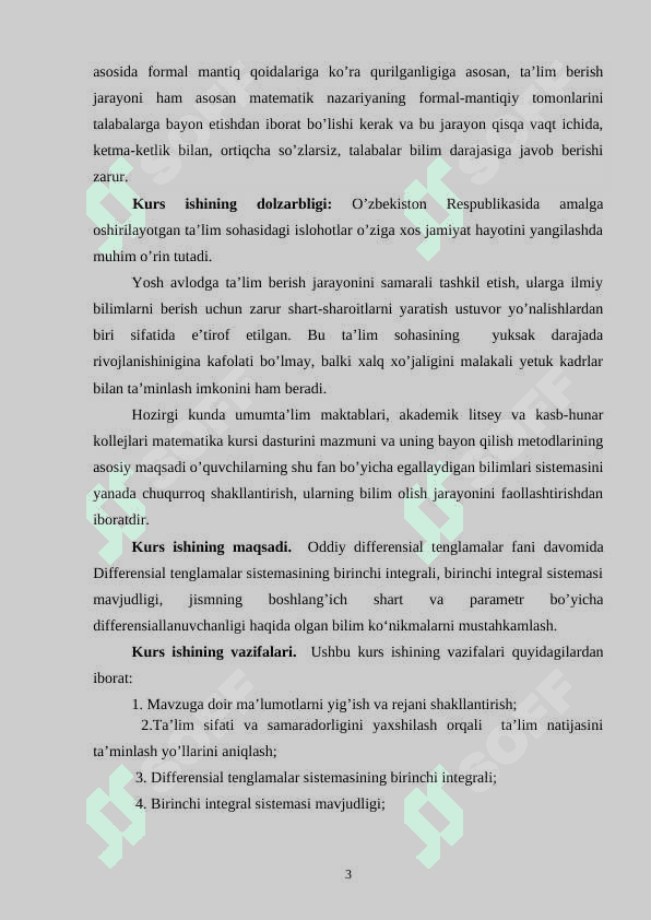 Differensial tenglamalar sistemasining birinchi 3
