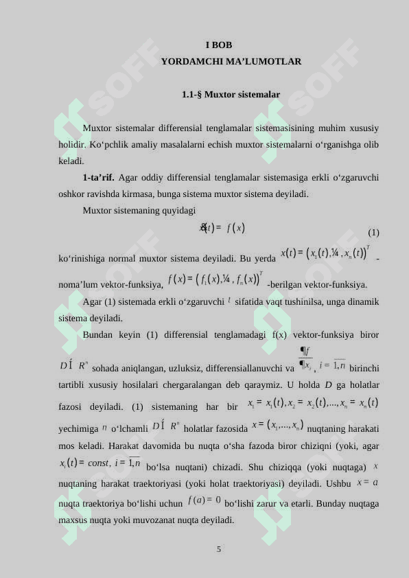 Differensial tenglamalar sistemasining birinchi 5