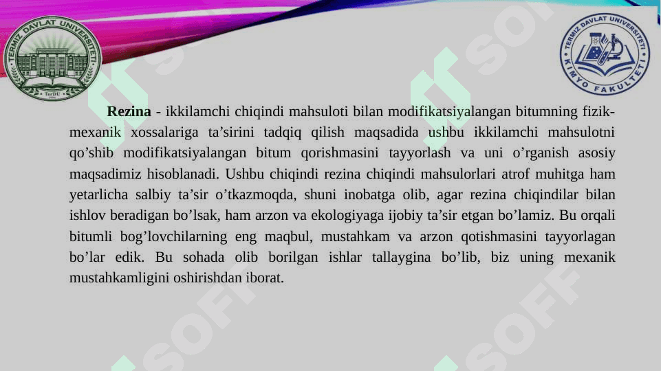 Ikkilamchi rezina chiqindi mahsulotlari bilan modifikatsiyalangan 6