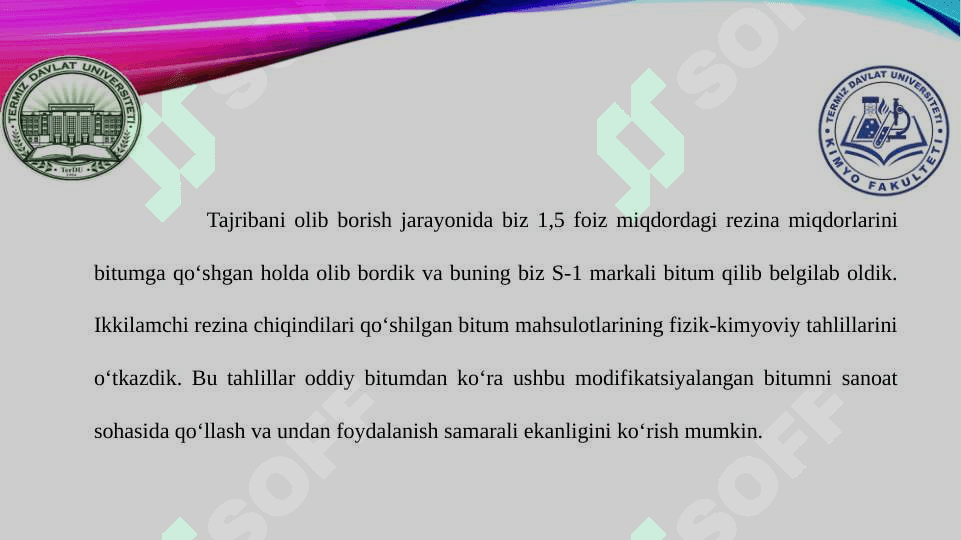 Ikkilamchi rezina chiqindi mahsulotlari bilan modifikatsiyalangan 7