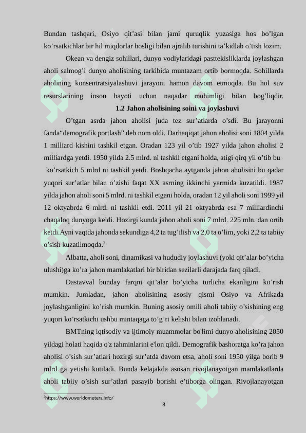 Jahon aholisi joylashuvining o‘ziga xos xususiyatlari 8