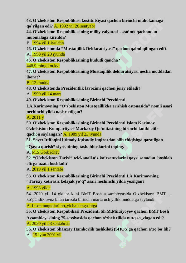 O'zbekistonning eng yangi tarix fanidan 120ta test 4