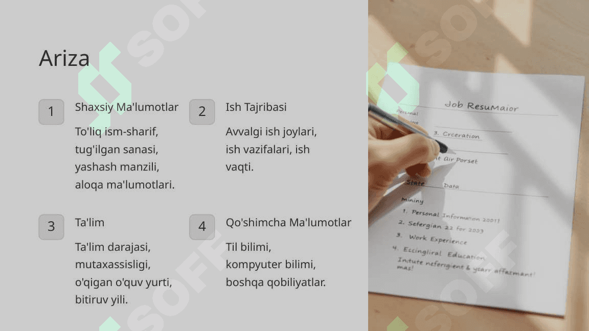 Ariza va tarjimayi holning zaruriy qismlari va yozish namunalari.Tushuntirish xati, bildirishnoma, xizmat xatining yozilish tartibi va namunasi_3 4