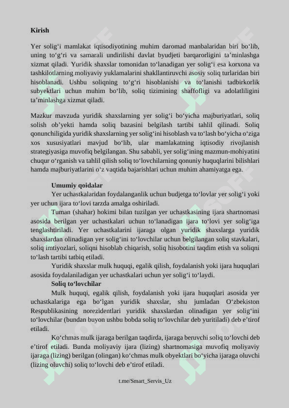Yuridik shaxslardan olinadigan yer solig'i: soliq to'lovchilar, soliq solish ob'ekti va soliq bazasi 3