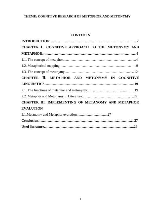 COGNITIVE RESEARCH OF METOPHOR AND METONYMY