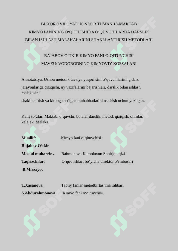 Vodorodning kimyoviy xossalari. METODIK TAVSIYA 2
