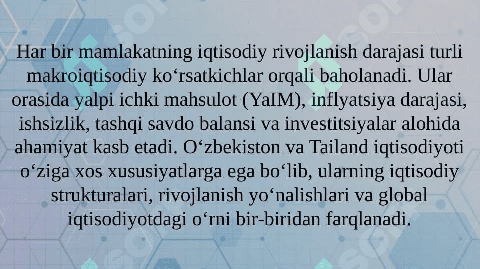 O’zbekiston va Tailandning makroiqtisodiy ko’rsatkichlarini solishtirish 2