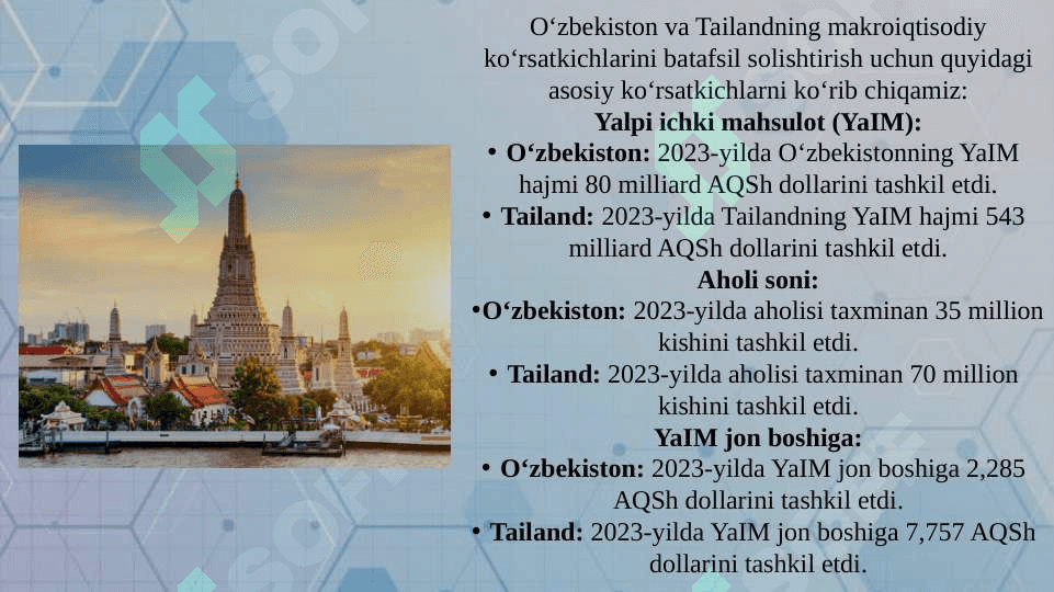 O’zbekiston va Tailandning makroiqtisodiy ko’rsatkichlarini solishtirish 4