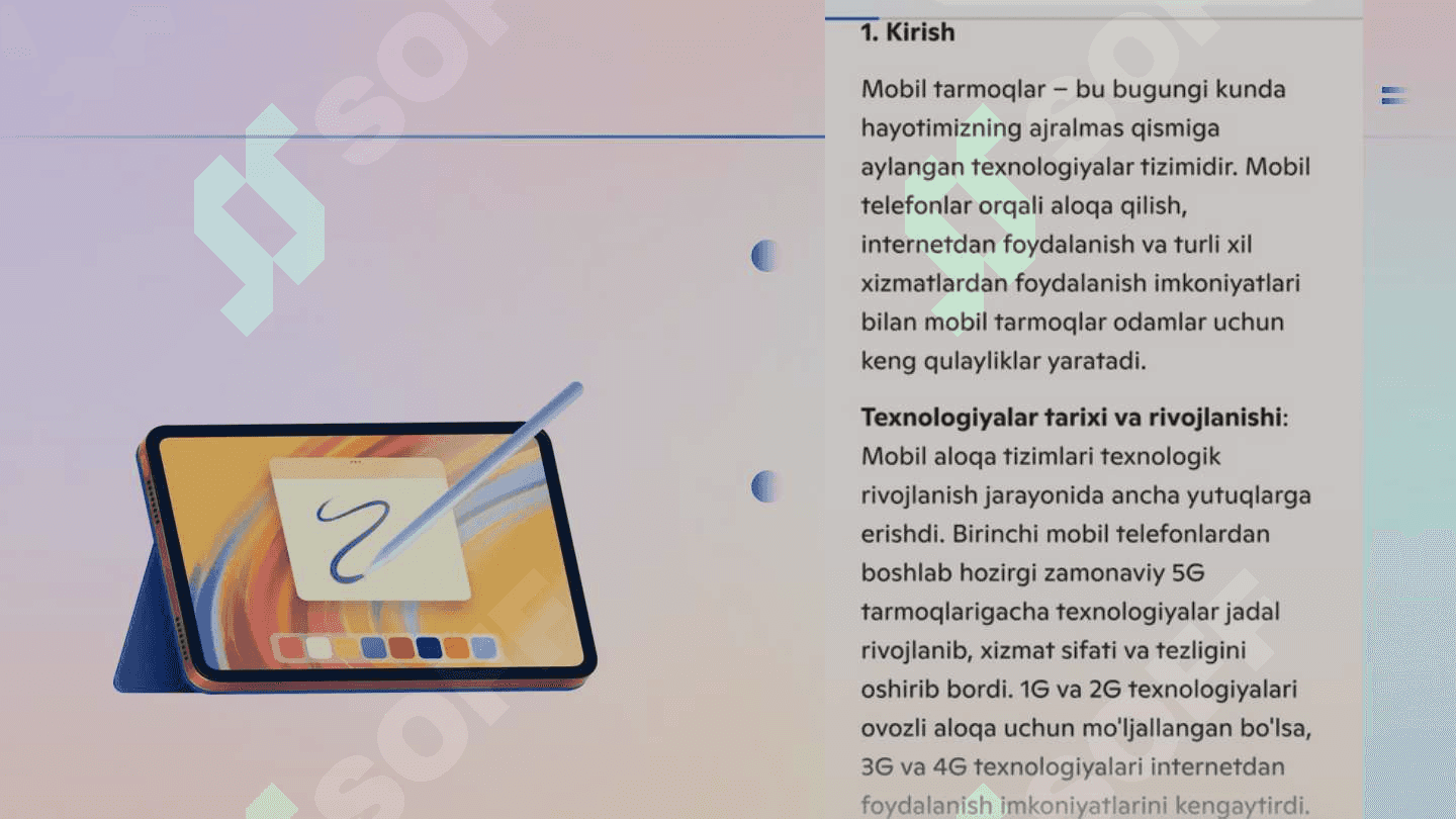 Mobil tarmoqlar. 3G, 4G va 5G texnologiyalari asosida tarmoqlarni qurish. Mobil tarmoq tomonidan taqdim etiladigan xizmat turlari. 3