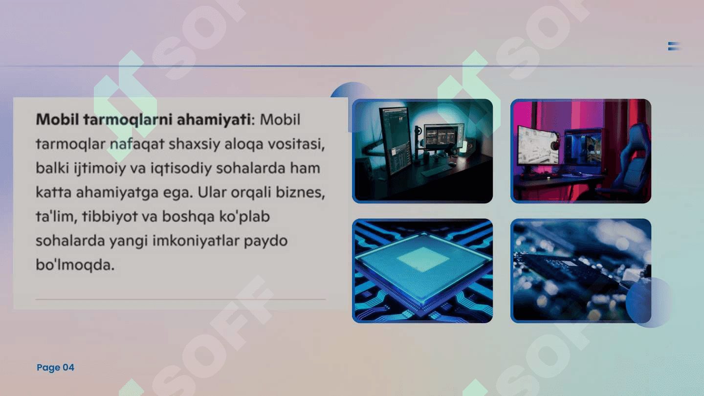 Mobil tarmoqlar. 3G, 4G va 5G texnologiyalari asosida tarmoqlarni qurish. Mobil tarmoq tomonidan taqdim etiladigan xizmat turlari. 4