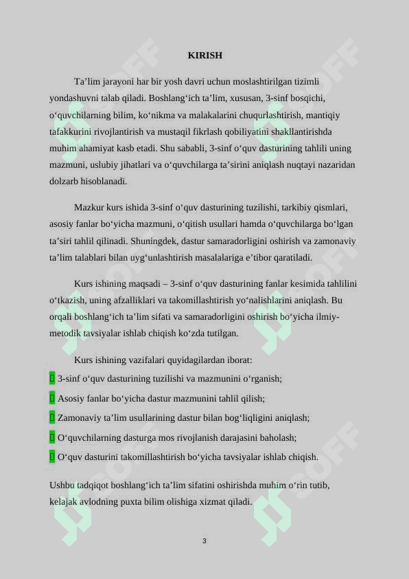 O‘QUV DASTURI TAHLILI. (3-SINF KESIMIDA) 3