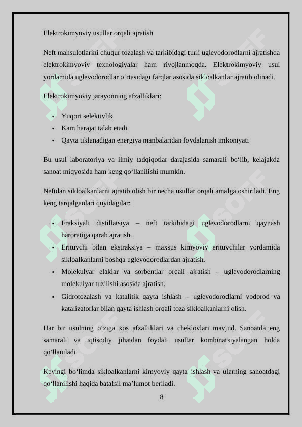Neft tarkibidagi sikloalkanlarni olish usullari. 8