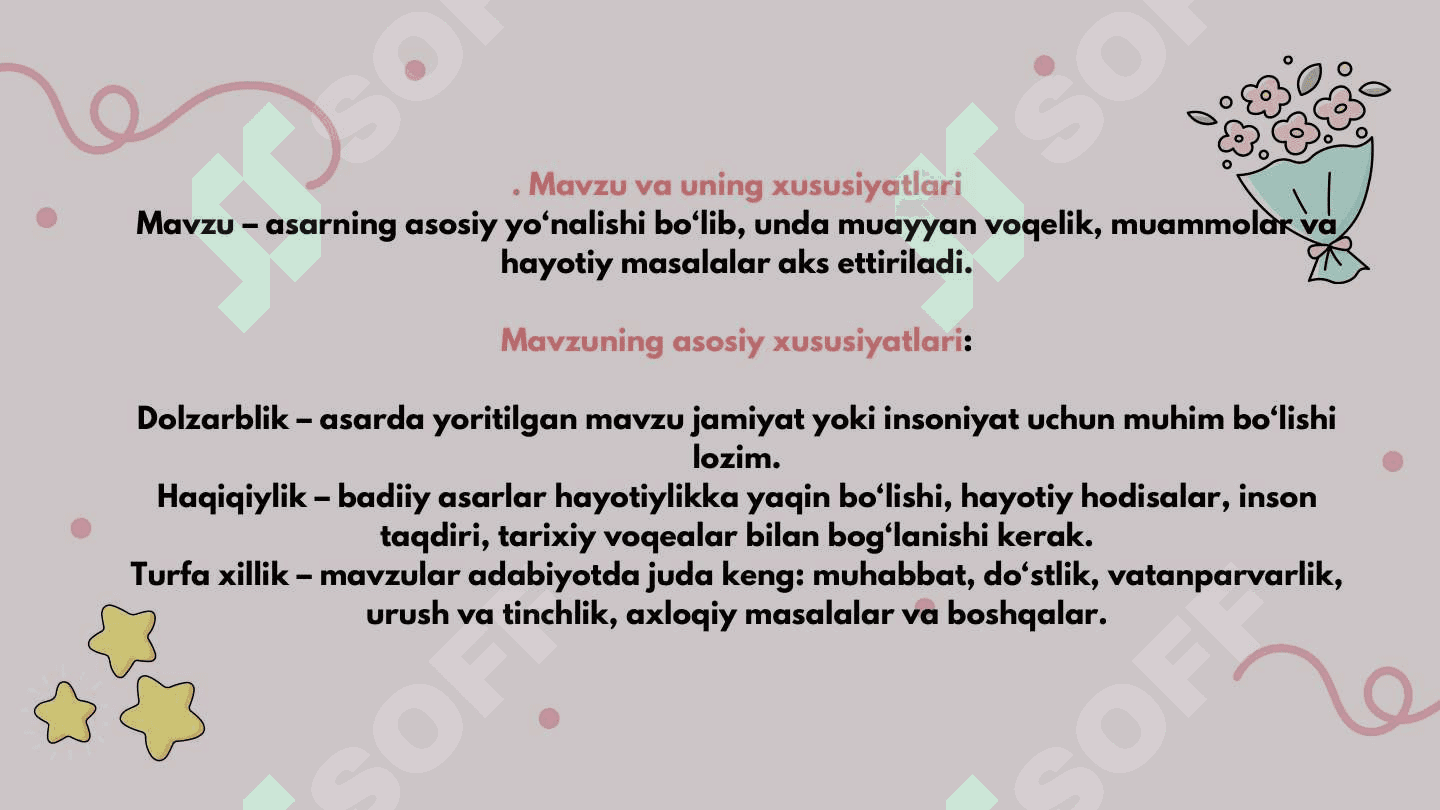 Badiiy asarda mavzuga va g'oyaga xos xususiyatlar 3