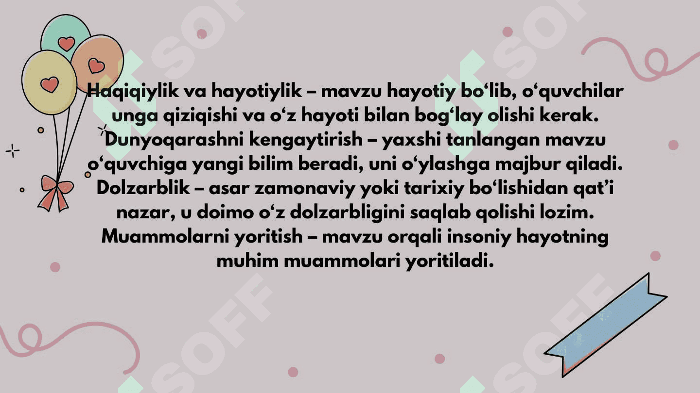 Badiiy asarda mavzuga va g'oyaga xos xususiyatlar 4