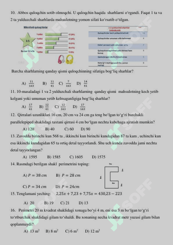 5 - sinf Matematika test 2