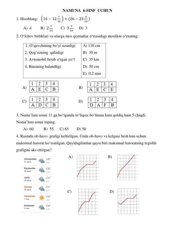 6 sinf matematika test
