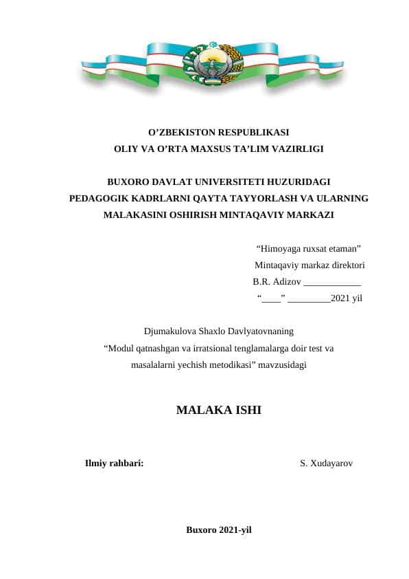 Modul qatnashgan va irratsional tenglamalarga doir test va  masalalarni yechish metodikasi