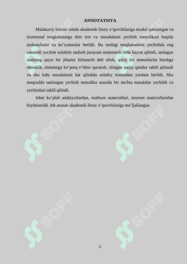 Modul qatnashgan va irratsional tenglamalarga doir test va  masalalarni yechish metodikasi 2
