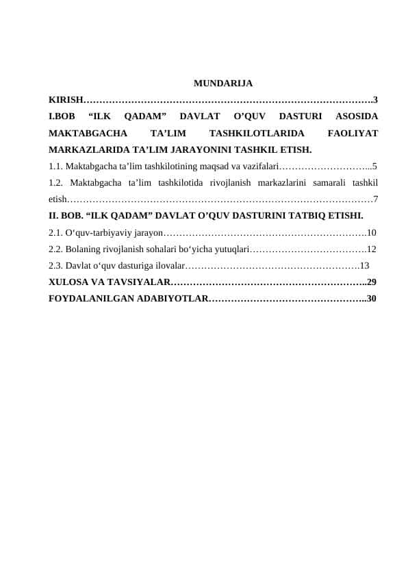 ILK QADAM DAVLAT O'QUV DASTURIDAGI ILOVALAR