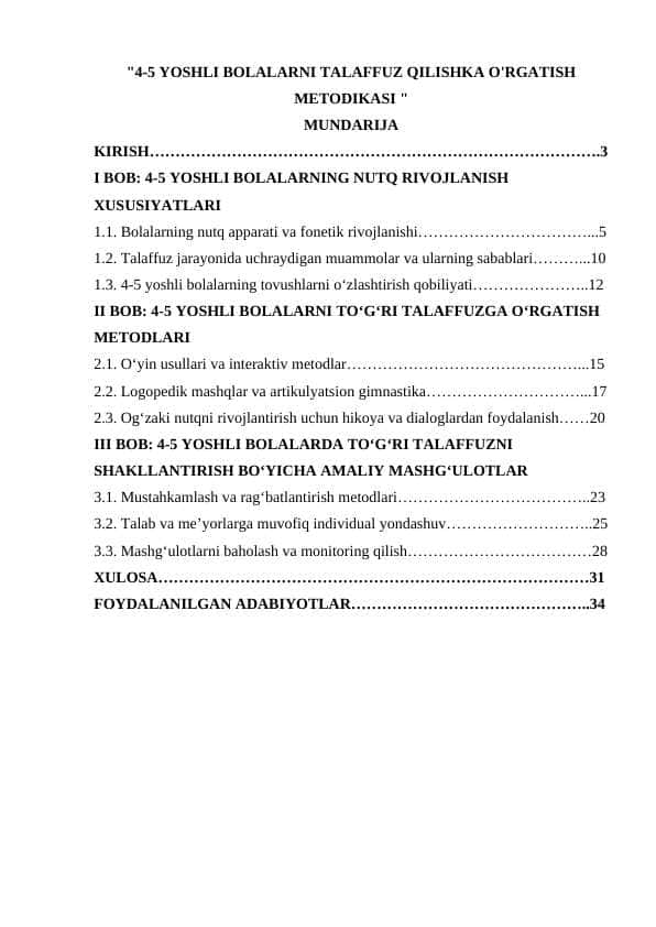 4-5 YOSHLI BOLALARNI TALAFFUZ QILISHKA O'RGATISH METODIKASI
