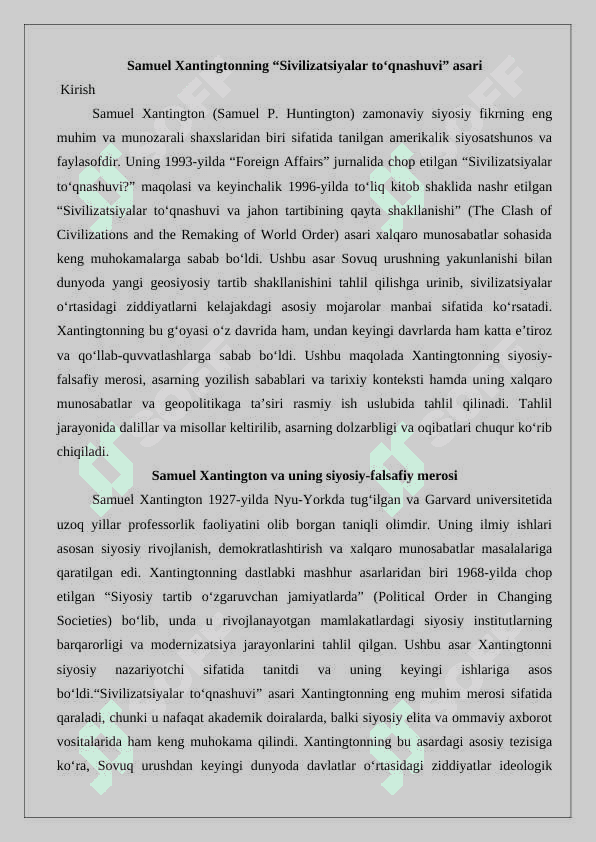 S.Xantingtonning “Sivilizatsiyalar to‘qnashuvi” asari 2