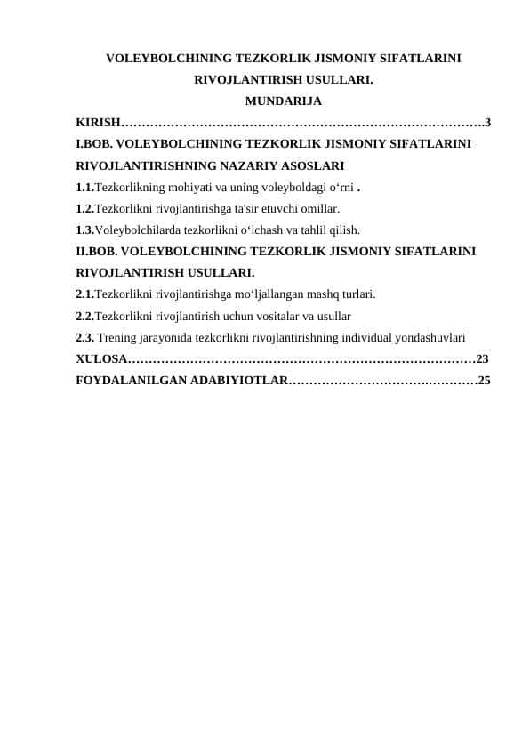 VOLEYBOLCHINING TEZKORLIK JISMONIY SIFATLARINI RIVOJLANTIRISH USULLARI.