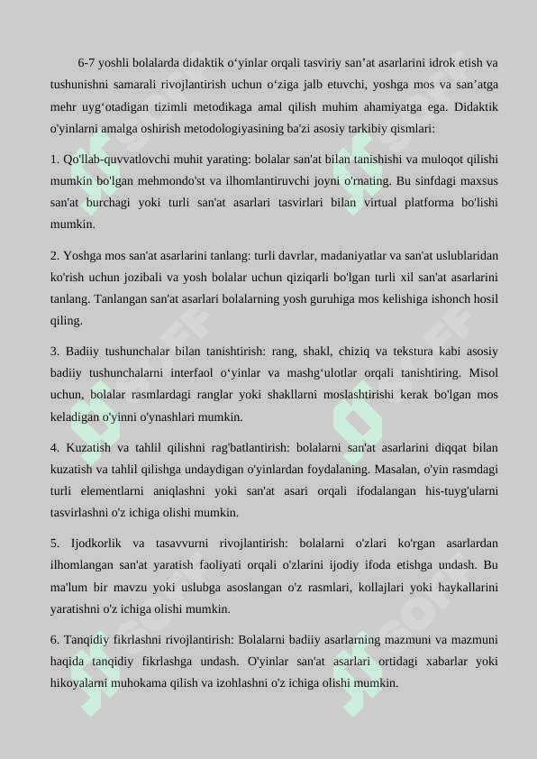 6-7 yoshli bolalarni Tasviriy san'at asarlarini idrok etish  va tushunishni rivojlantirish uchun didaktik o'yinlar 6