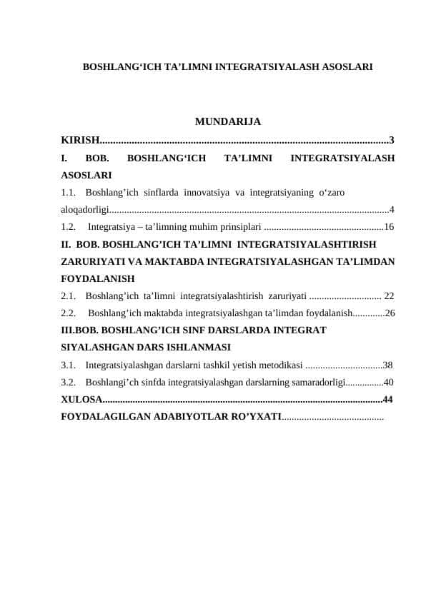 BOSHLANG‘ICH TA’LIMNI INTEGRATSIYALASH ASOSLARI