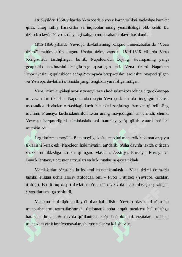 YEVROPA DAVLATLARI 1815-1850-YILLARDA XALQARO MUNOSABATLARNING "VENA TIZIMI" 3