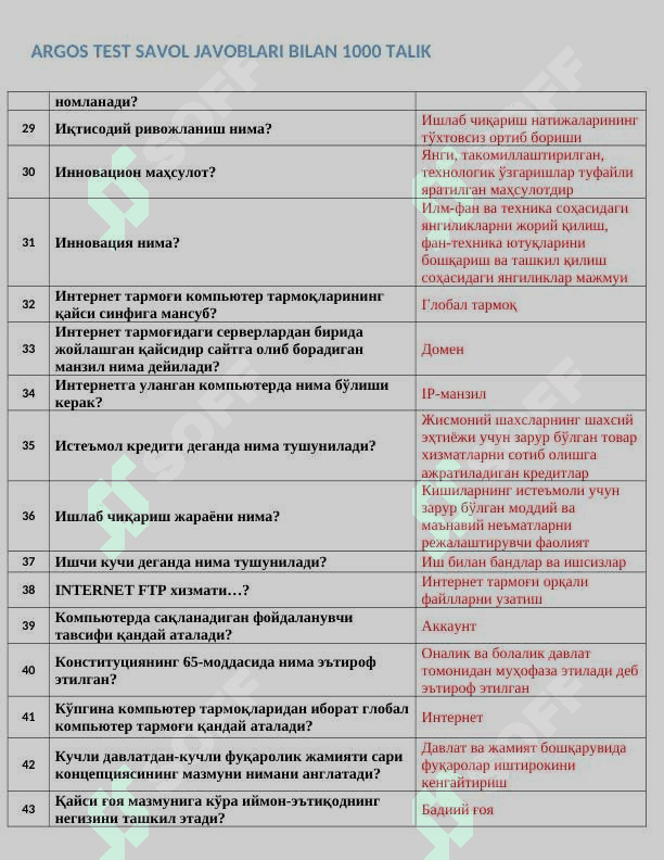Argos 1000+ talik test, javoblari bilan. Davlat xizmatchisi 2024-2025 3