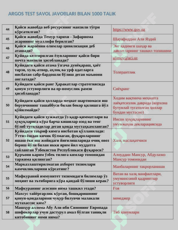 Argos 1000+ talik test, javoblari bilan. Davlat xizmatchisi 2024-2025 4