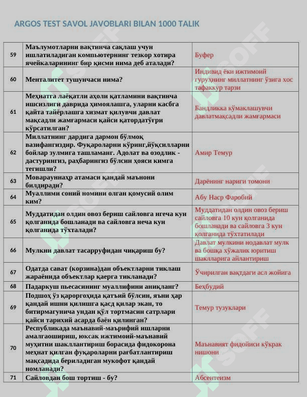 Argos 1000+ talik test, javoblari bilan. Davlat xizmatchisi 2024-2025 5