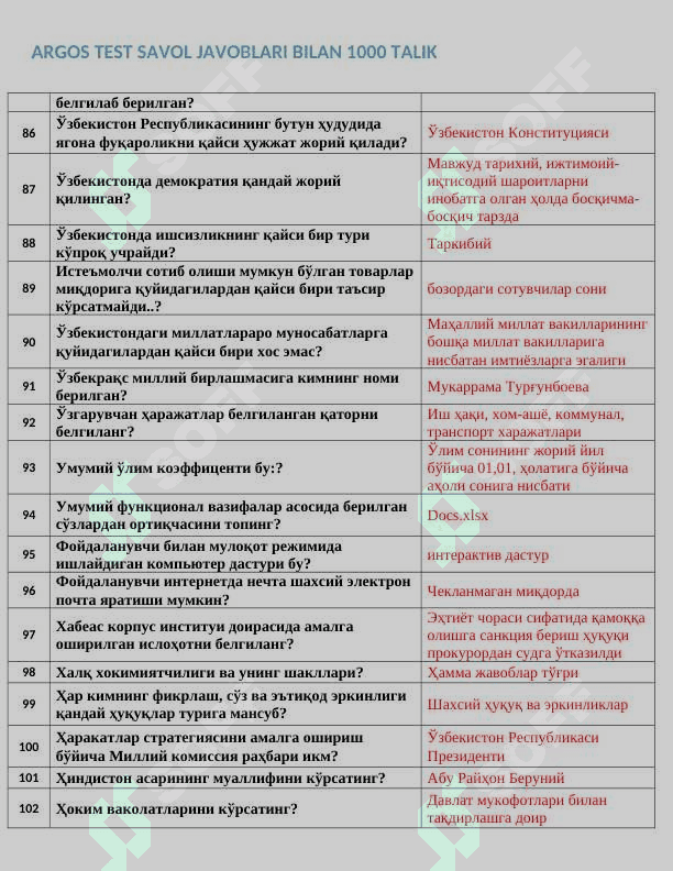 Argos 1000+ talik test, javoblari bilan. Davlat xizmatchisi 2024-2025 7