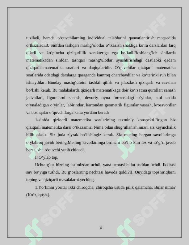 BOSHLNG'ICH SINFLARDA MATEMATIK TO'GARAKLARNI TASHKIL QILISH 6