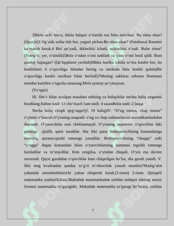 BOSHLNG'ICH SINFLARDA MATEMATIK TO'GARAKLARNI TASHKIL QILISH 7