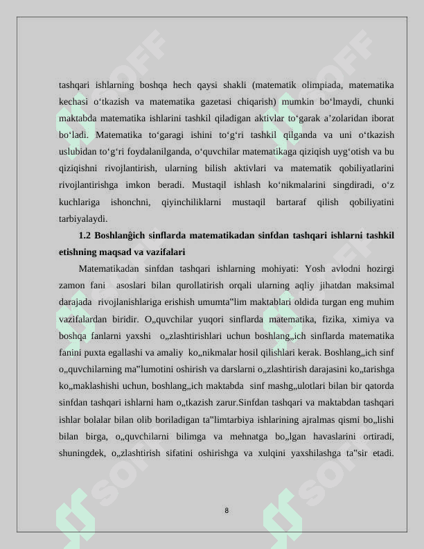 BOSHLNG'ICH SINFLARDA MATEMATIK TO'GARAKLARNI TASHKIL QILISH 8